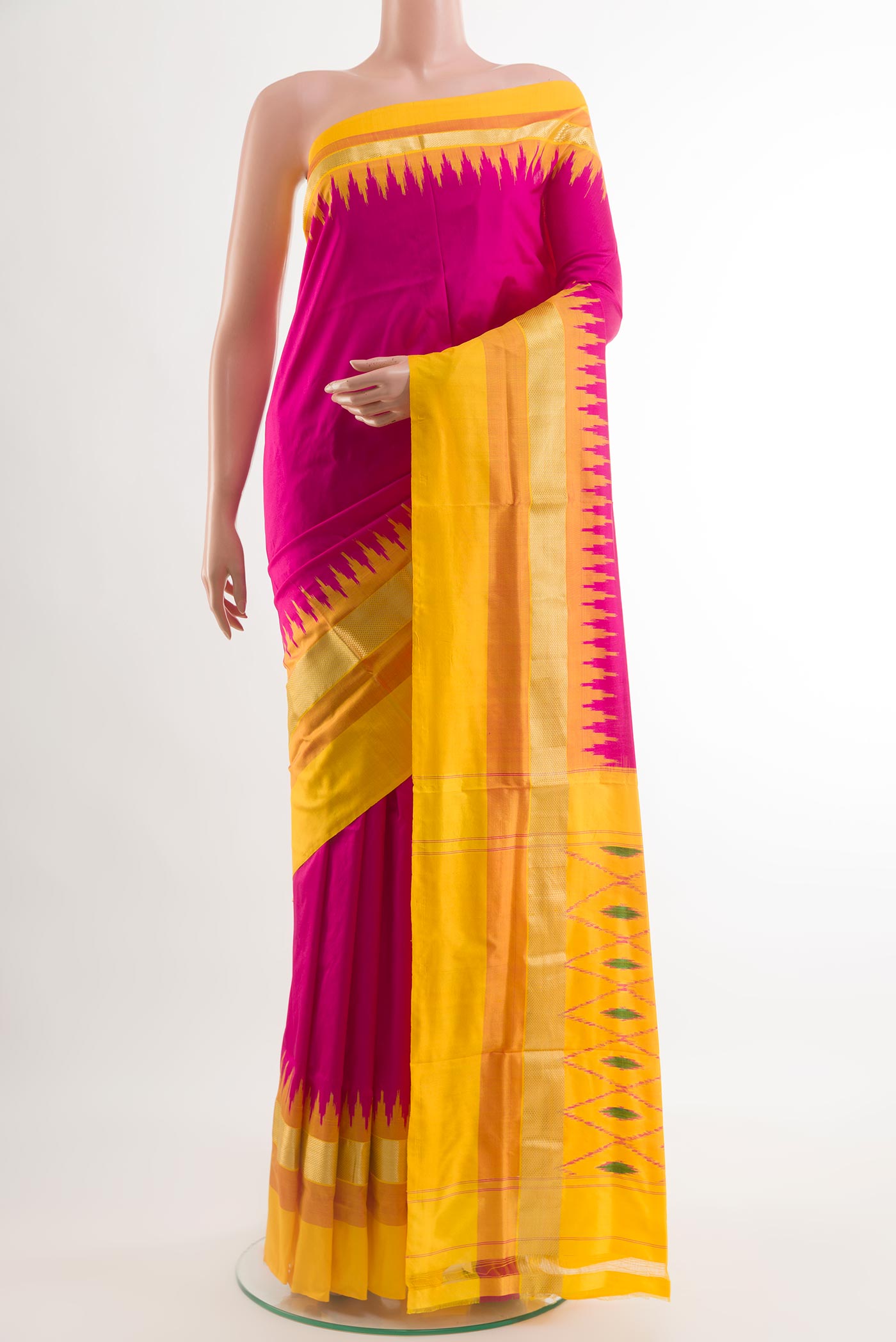 Pink Pochampally Silk Saree with Plain Body and Zari Border.  displayed on a mannequin