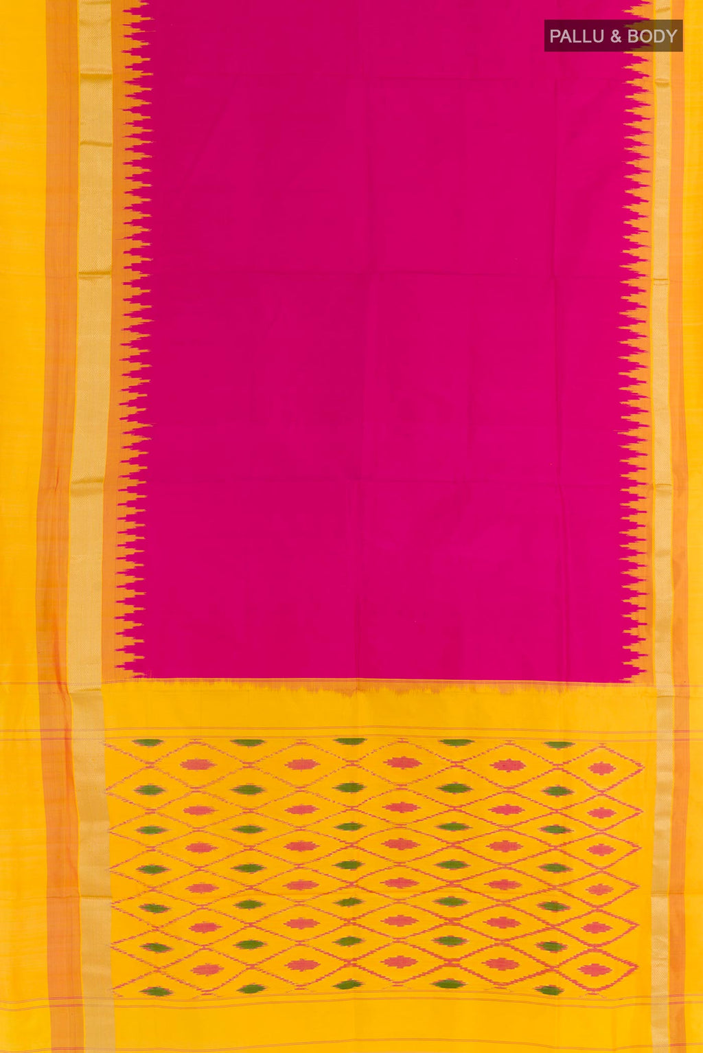 Flat view of Pink Pochampally Silk Saree with Plain Body and Zari Border. 