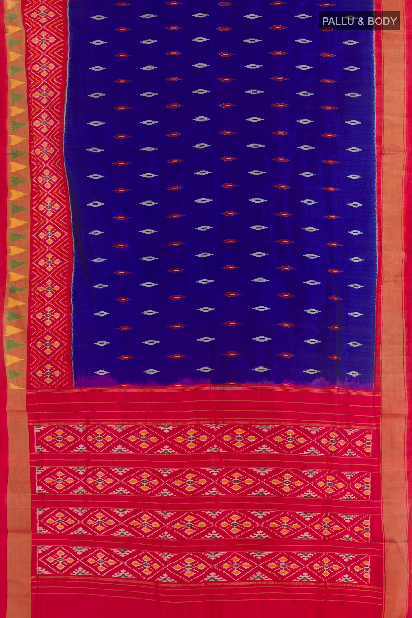 Flat view of Blue Pochampally Silk Saree with Pure Ikat on the body and Zari Border. 