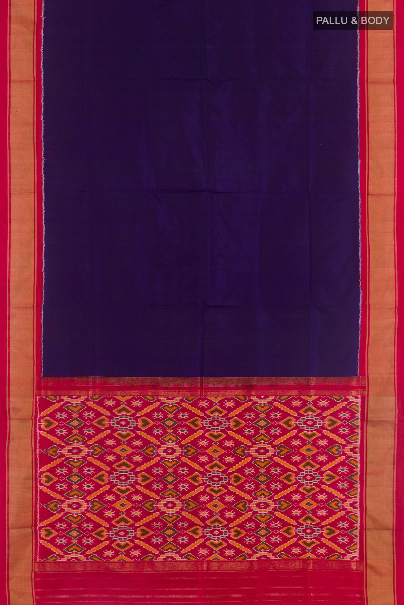 Flat view of Purple Pochampally Silk Saree with Plain Body and Zari Border. 