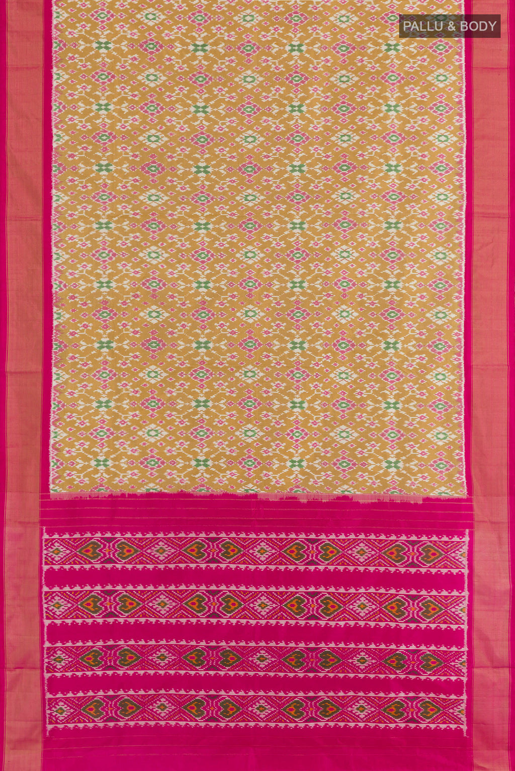 Flat view of Beige Pochampally Silk Saree with Pure Ikat on the body and Zari Border. 