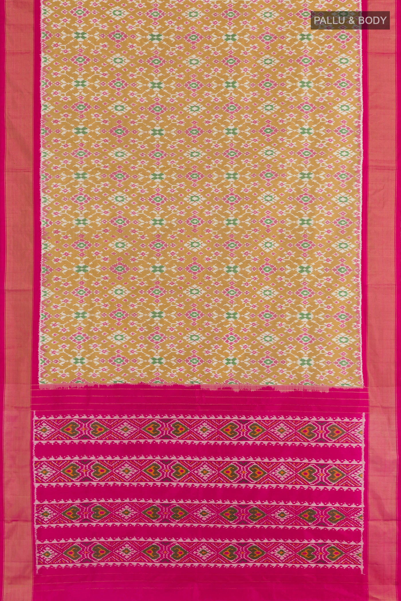 Flat view of Beige Pochampally Silk Saree with Pure Ikat on the body and Zari Border. 