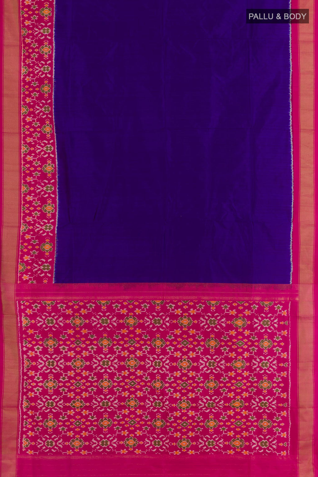 Flat view of Blue Pochampally Silk Saree with Plain Body and Zari Border. 