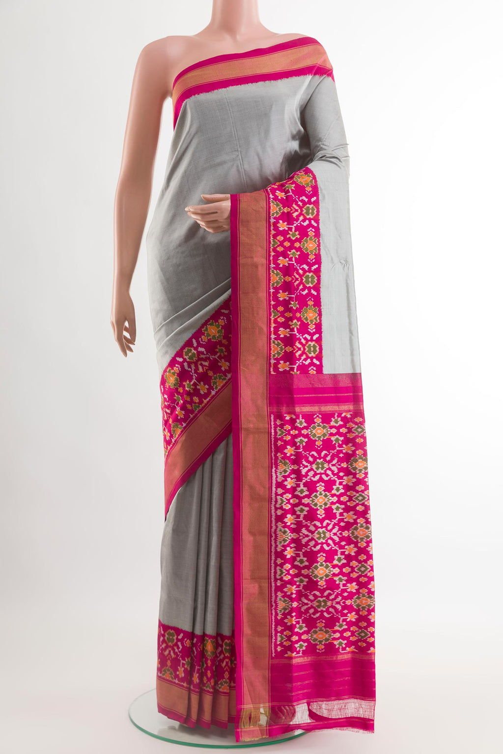 Grey Pochampally Silk Saree with Plain Body and Zari Border.  displayed on a mannequin