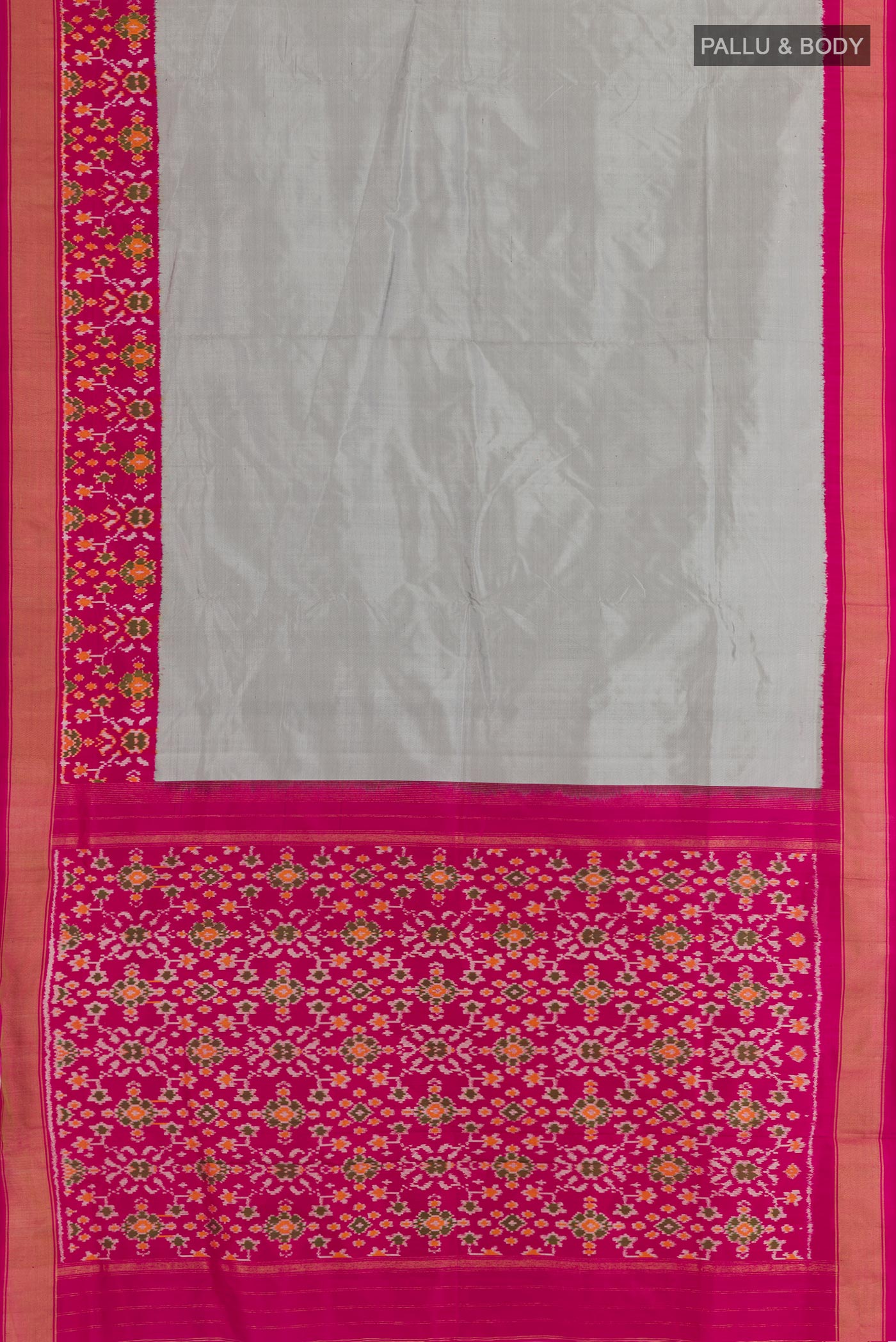 Flat view of Grey Pochampally Silk Saree with Plain Body and Zari Border. 