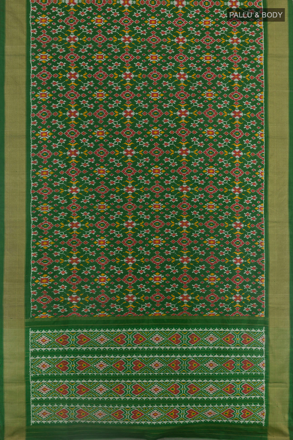 Flat view of Green Pochampally Silk Saree with Pure Ikat on the body and Zari Border. 