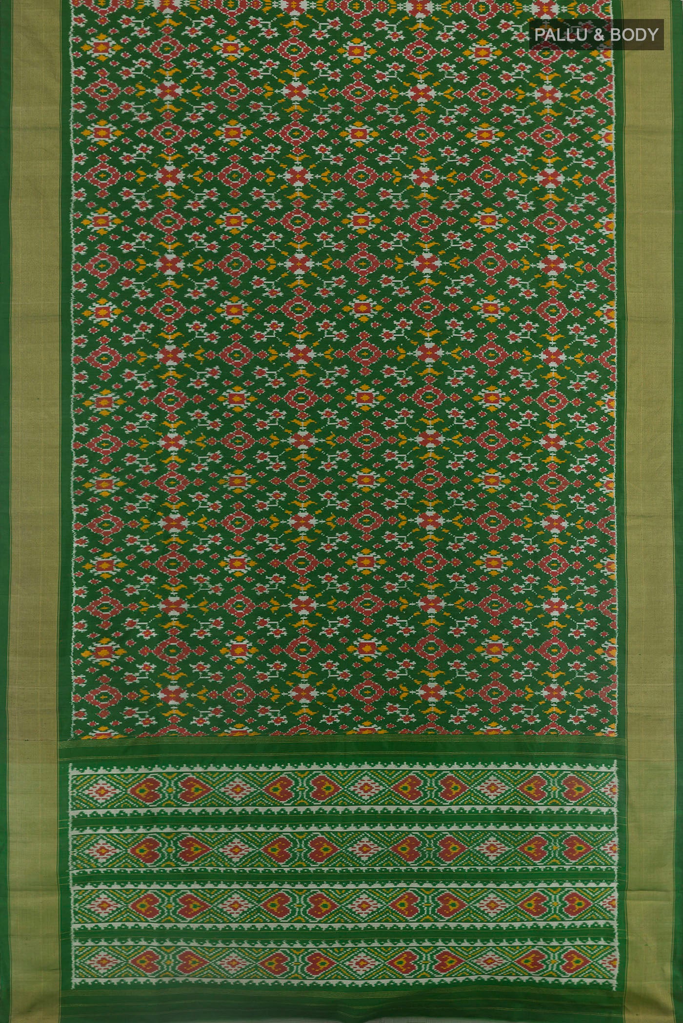 Flat view of Green Pochampally Silk Saree with Pure Ikat on the body and Zari Border. 