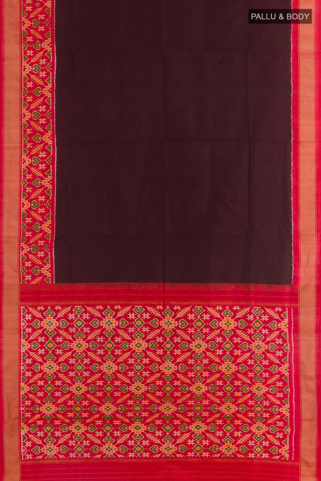 Flat view of Brown Pochampally Silk Saree with Plain Body and Zari Border. 