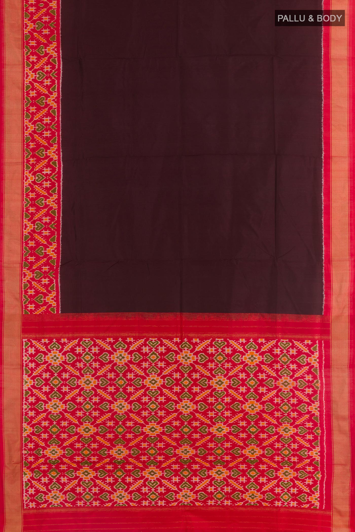 Flat view of Brown Pochampally Silk Saree with Plain Body and Zari Border. 