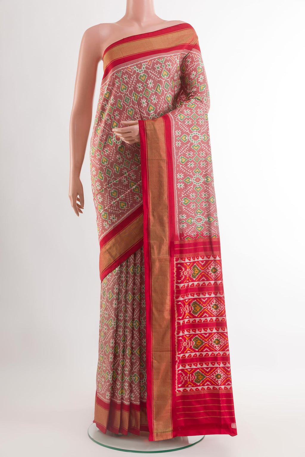 Red Pochampally Silk Saree with Pure Ikat on the body and Zari Border.  displayed on a mannequin