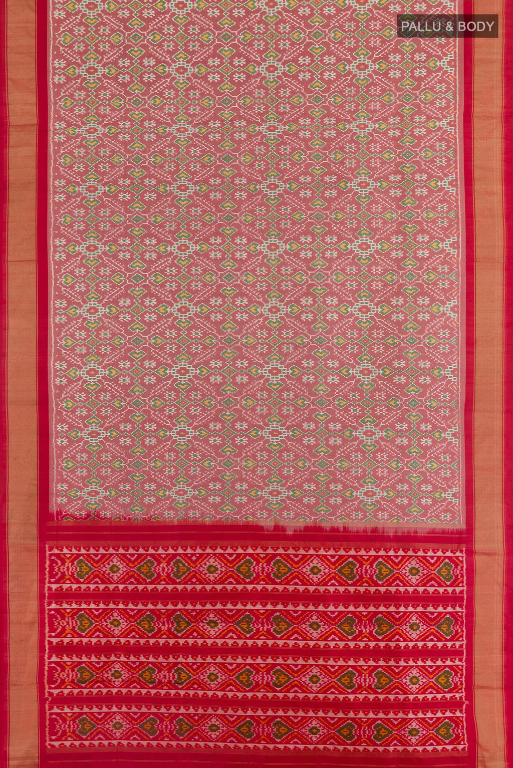 Flat view of Red Pochampally Silk Saree with Pure Ikat on the body and Zari Border. 
