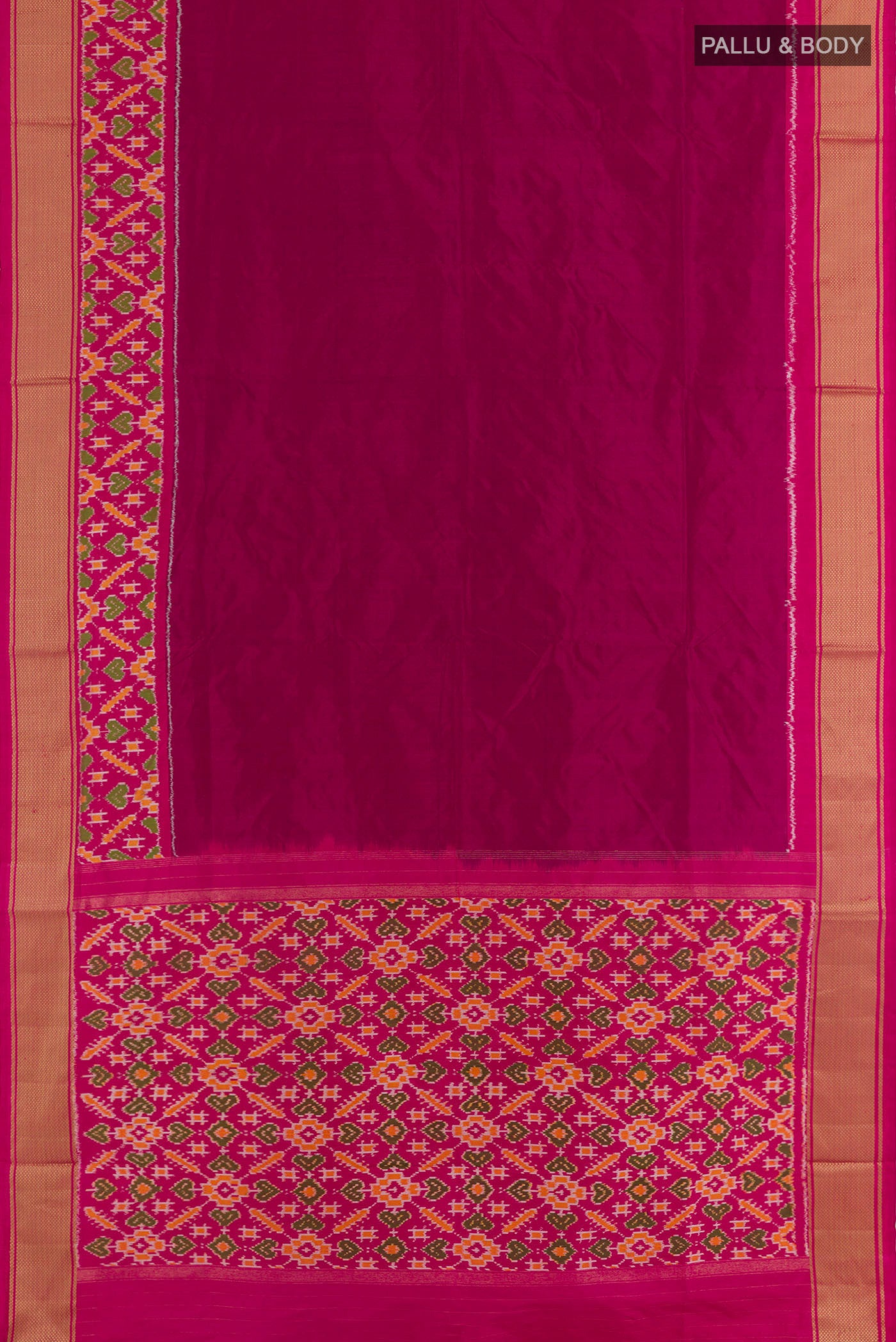 Flat view of Purple Pochampally Silk Saree with Plain Body and Zari Border. 