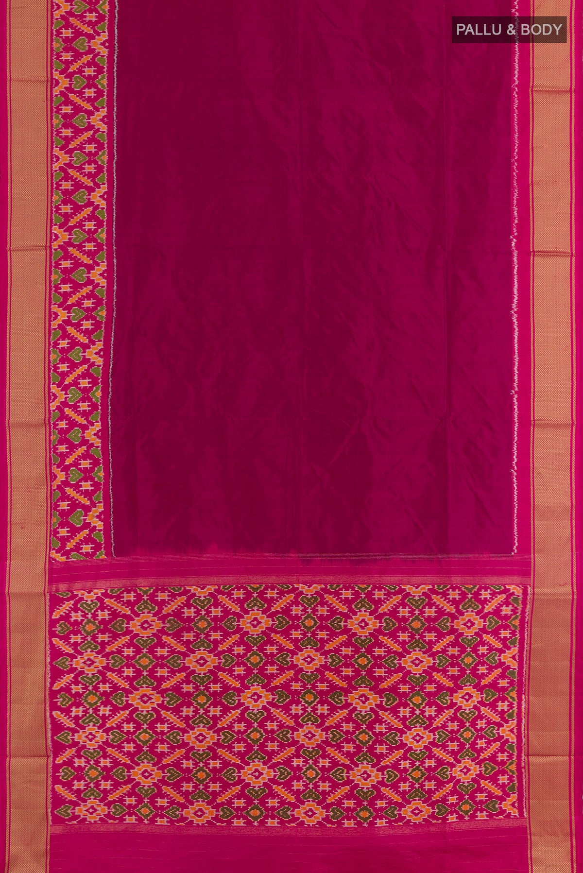 Flat view of Purple Pochampally Silk Saree with Plain Body and Zari Border. 