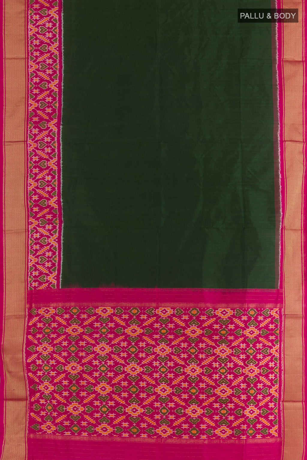 Flat view of Bottle Green Pochampally Silk Saree with Plain Body and Zari Border. 