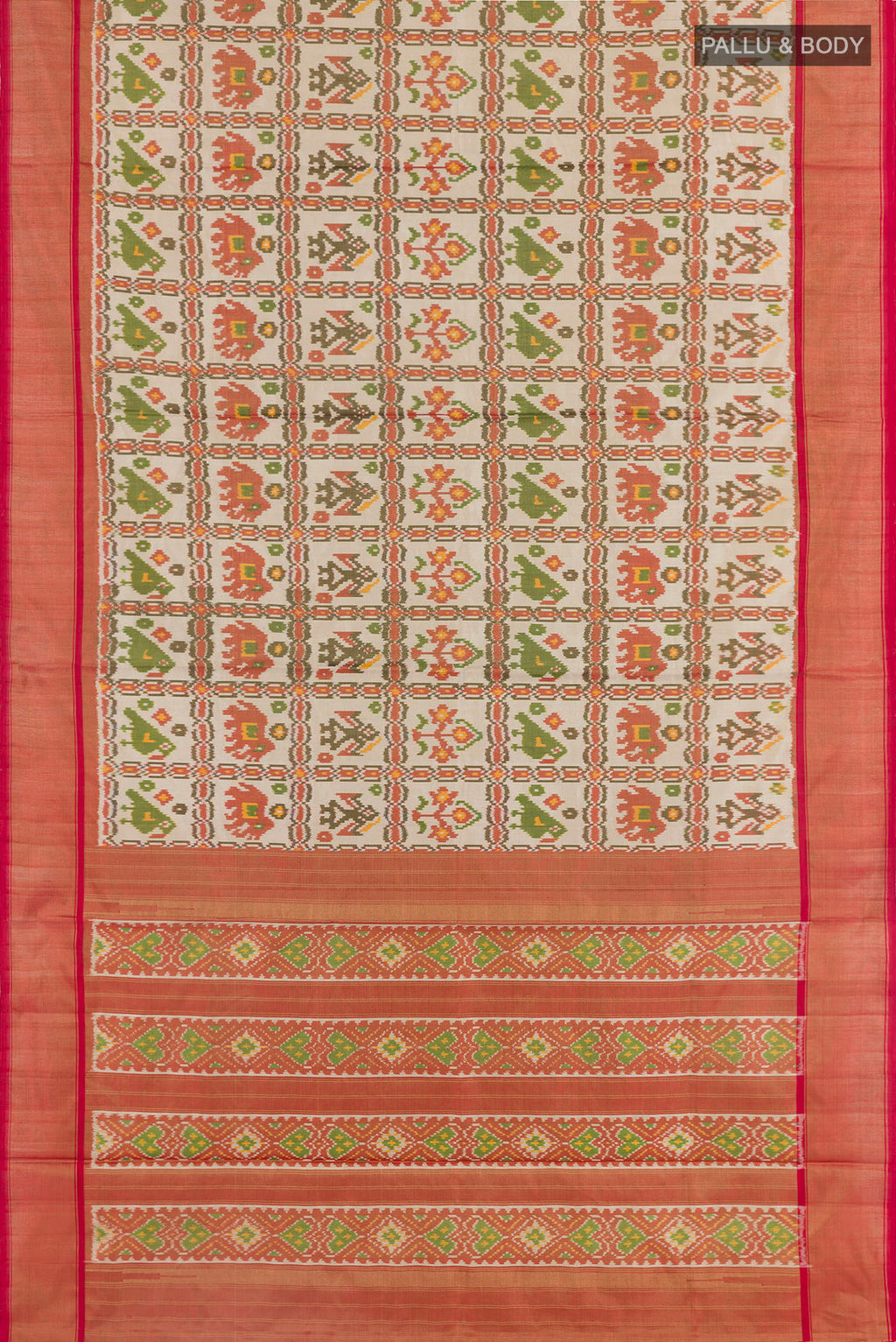 Flat view of Off White Pochampally Silk Saree with Pure Ikat on the body and Zari Border. 