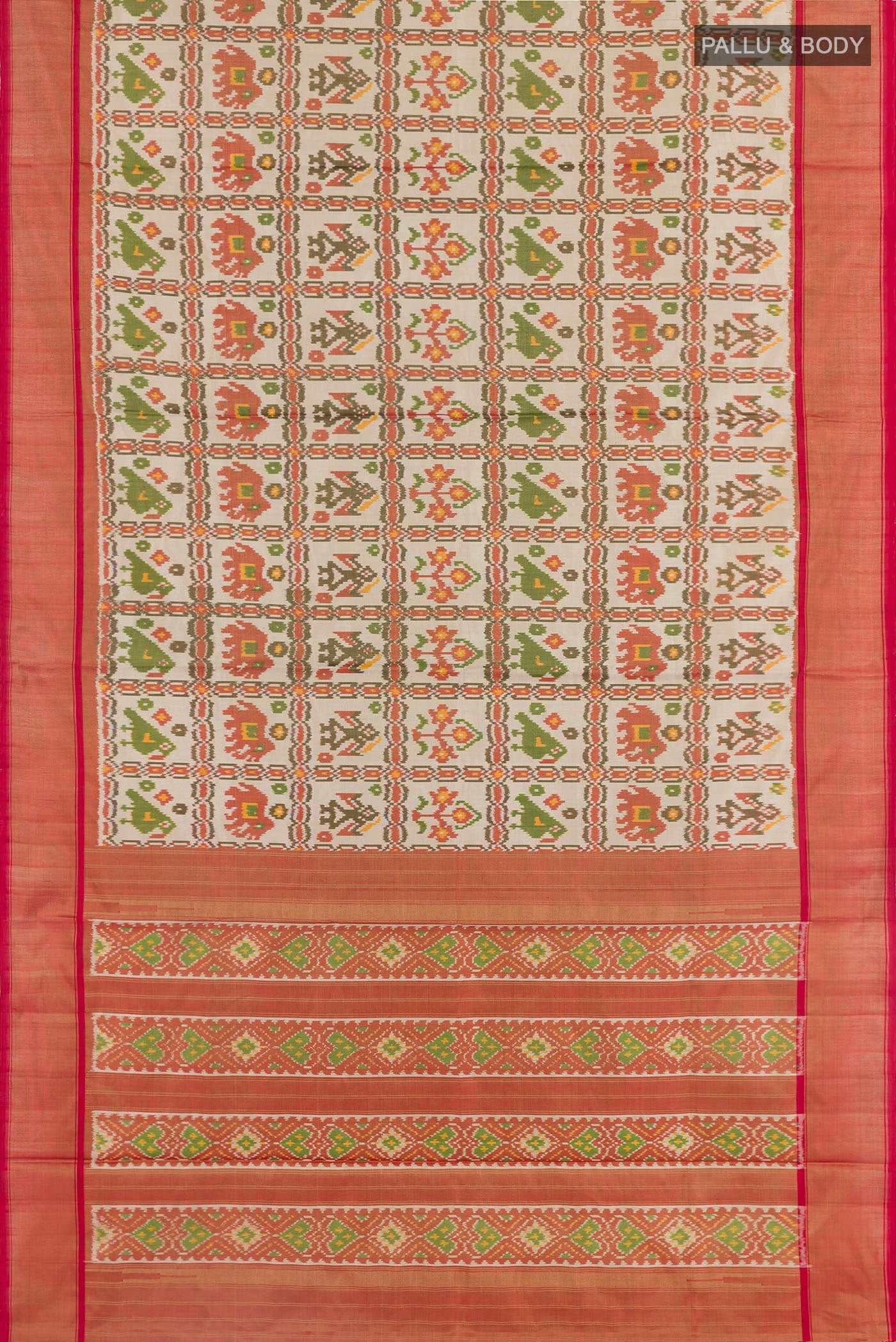 Flat view of Off White Pochampally Silk Saree with Pure Ikat on the body and Zari Border. 