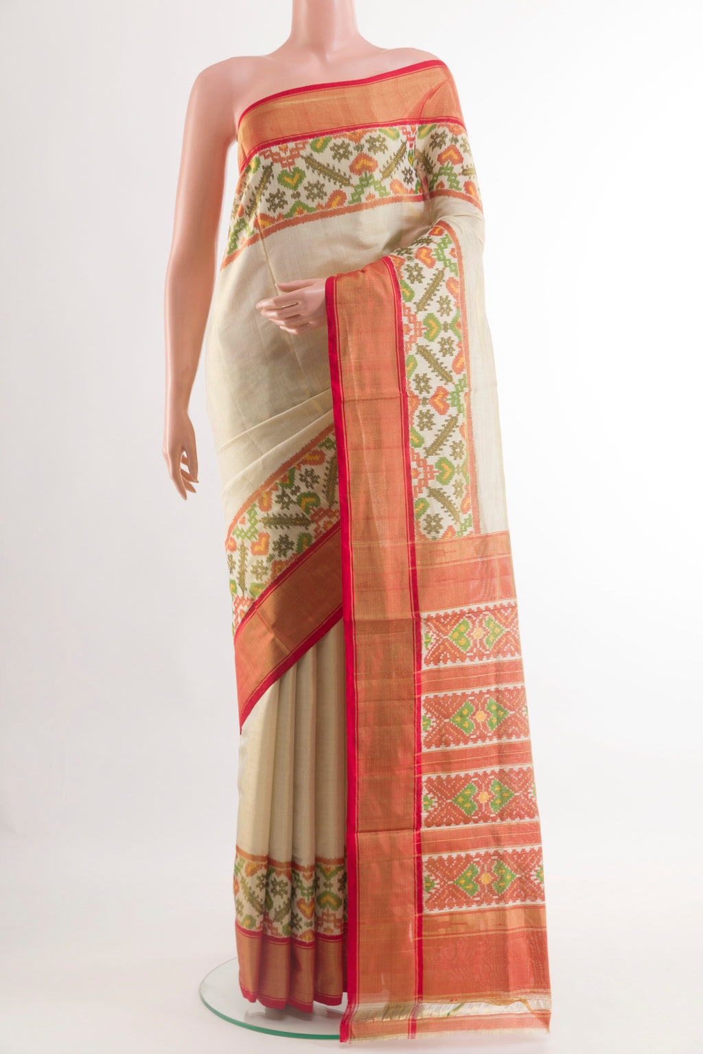 Off White Pochampally Silk Saree with Plain Body and Zari Border.  displayed on a mannequin