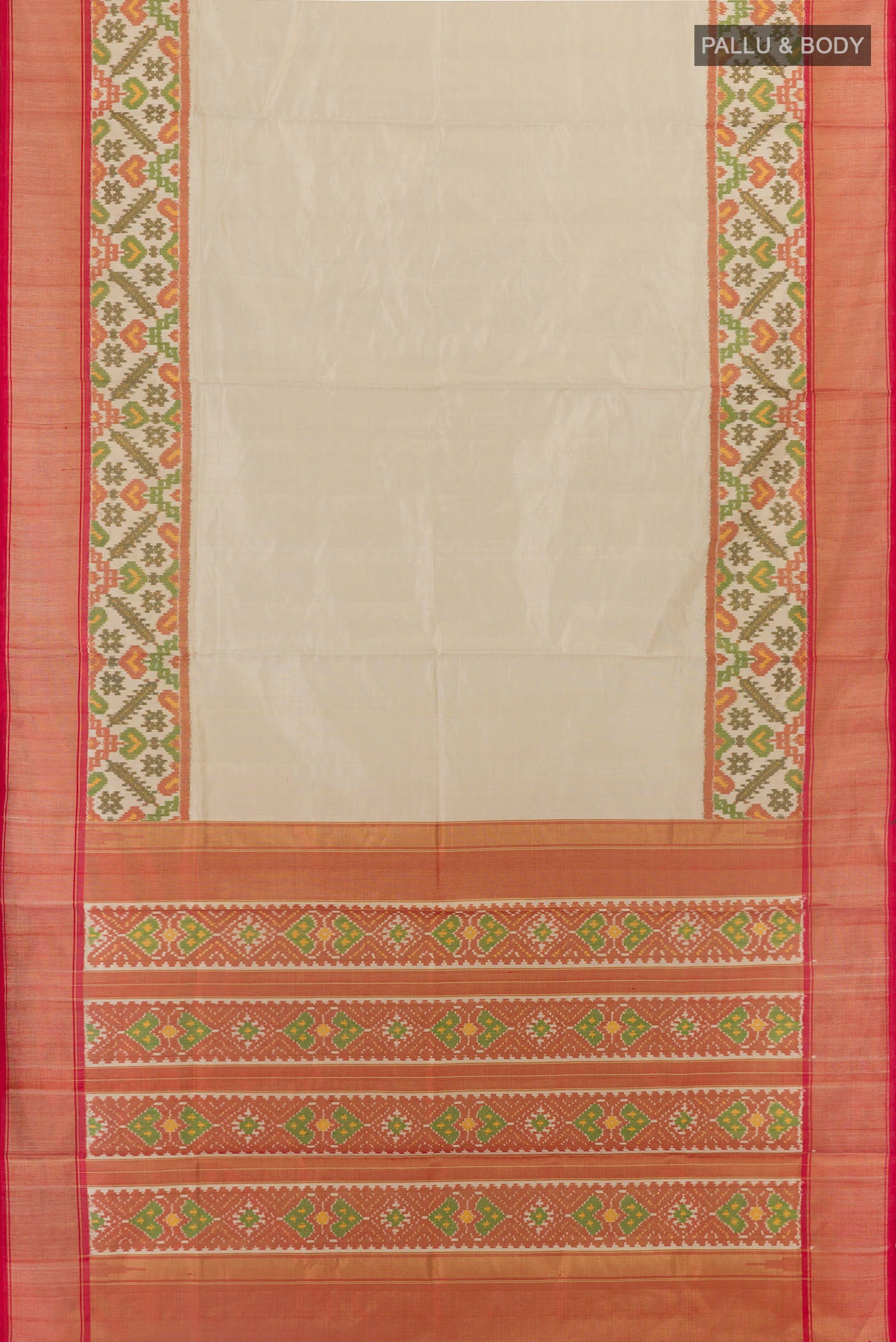 Flat view of Off White Pochampally Silk Saree with Plain Body and Zari Border. 