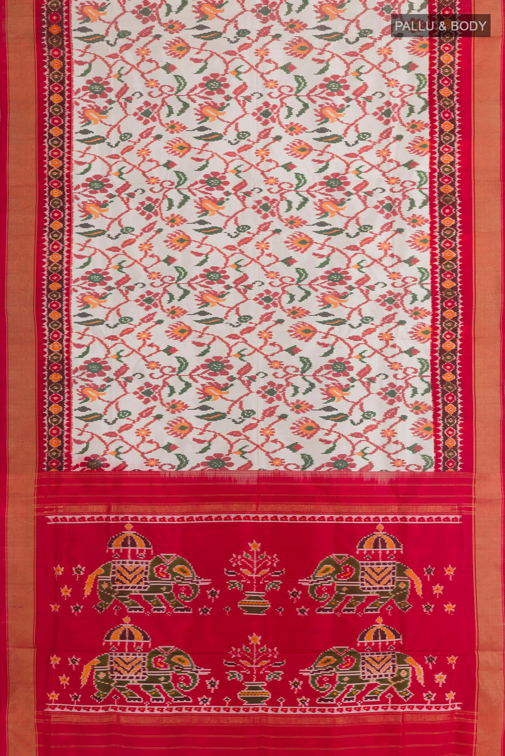 Flat view of Off White Pochampally Silk Saree with Ikat design on the body and Zari Border. 