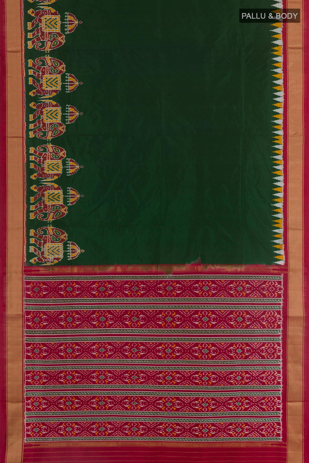 Flat view of Green Pochampally Silk Saree with Ikat design on the body and Zari Border. 