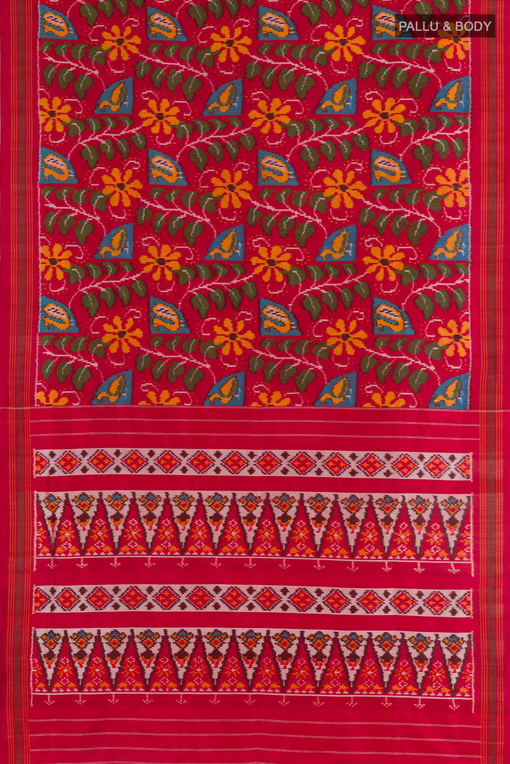 Flat view of Red Pochampally Silk Saree with Ikat design on the body and Zari Border. 
