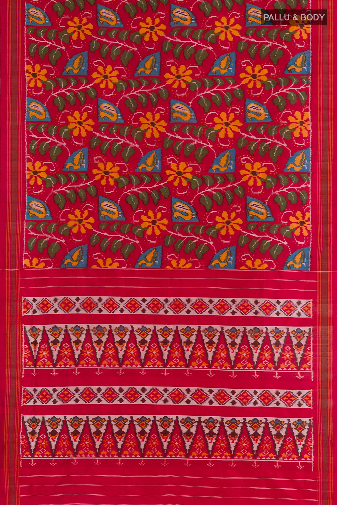 Flat view of Red Pochampally Silk Saree with Ikat design on the body and Zari Border. 