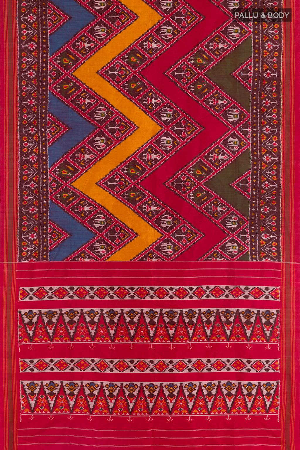 Flat view of Red Pochampally Silk Saree with Pure Ikat on the body and Zari Border. 