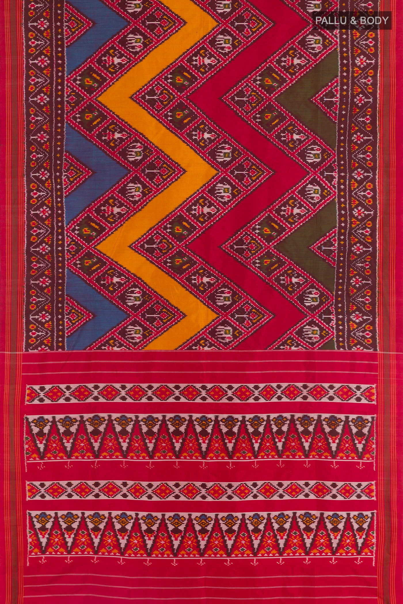 Flat view of Red Pochampally Silk Saree with Pure Ikat on the body and Zari Border. 