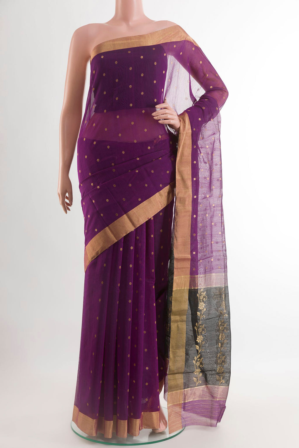 Purple Blended Chanderi Silk Cotton Saree with Zari Butta on the body and Zari Border.  displayed on a mannequin