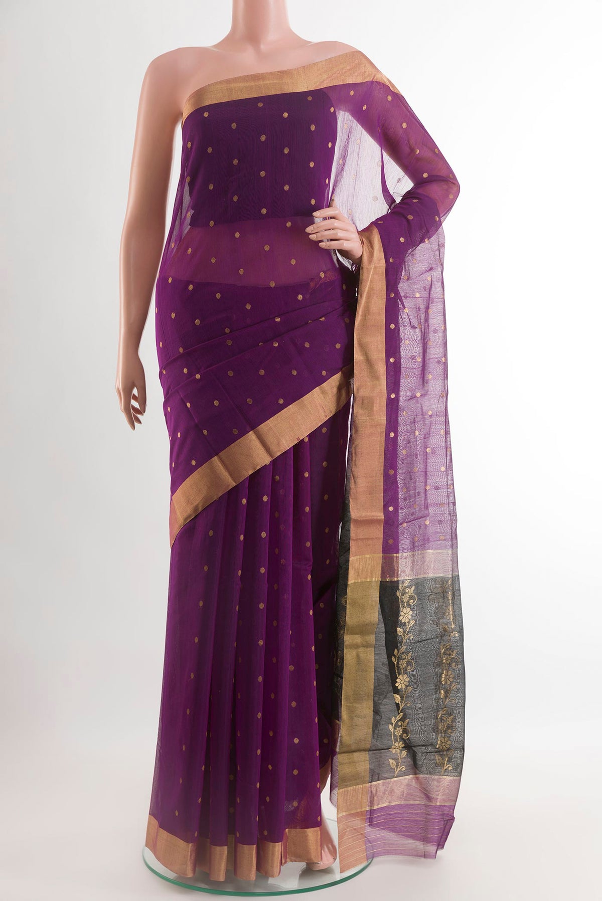 Purple Blended Chanderi Silk Cotton Saree with Zari Butta on the body and Zari Border.  displayed on a mannequin