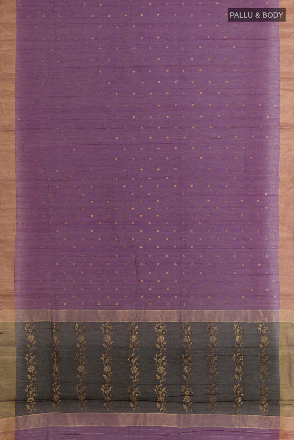 Flat view of Purple Blended Chanderi Silk Cotton Saree with Zari Butta on the body and Zari Border. 