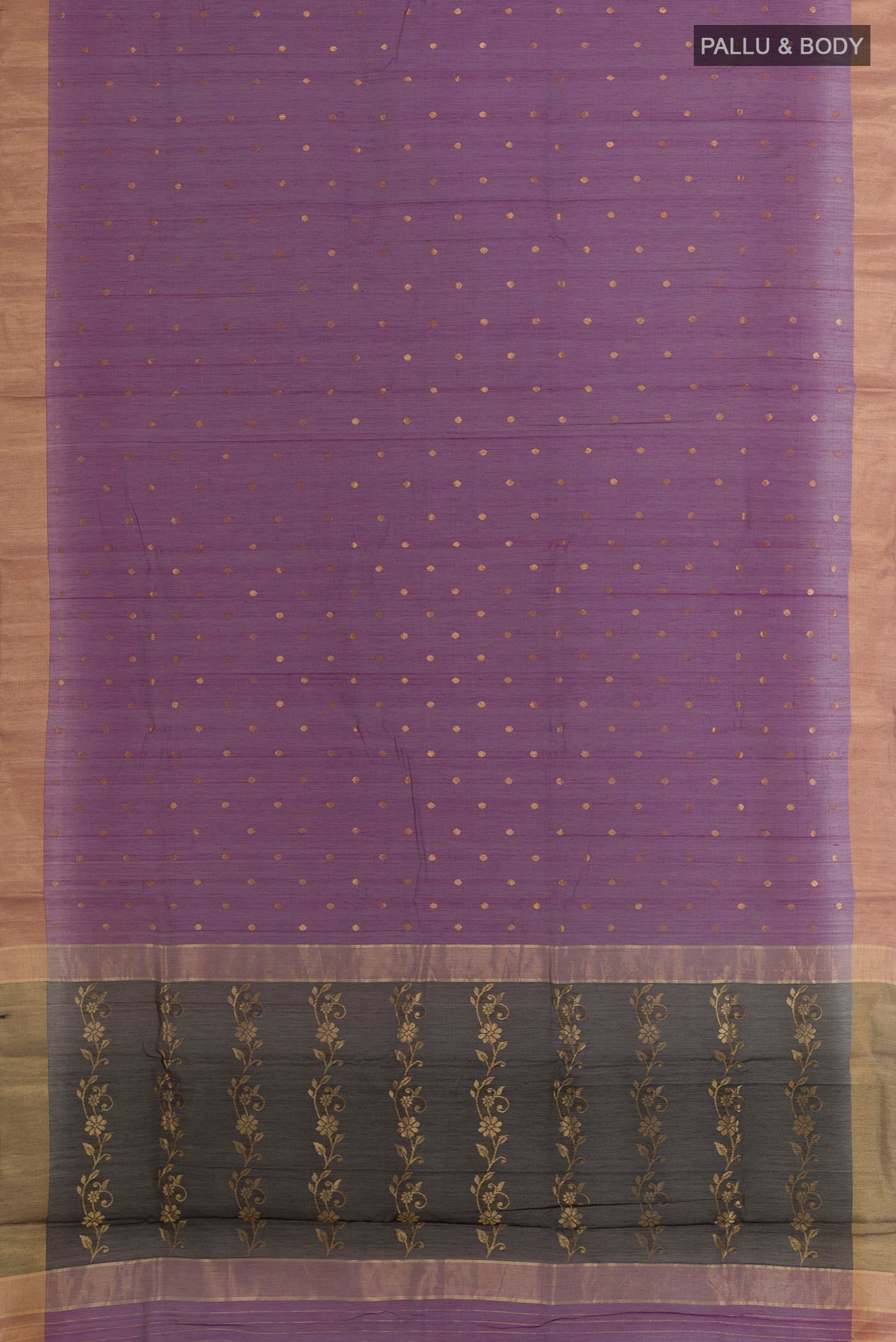 Flat view of Purple Blended Chanderi Silk Cotton Saree with Zari Butta on the body and Zari Border. 