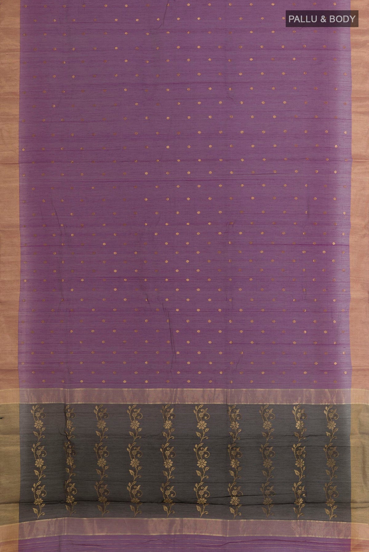 Flat view of Purple Blended Chanderi Silk Cotton Saree with Zari Butta on the body and Zari Border. 