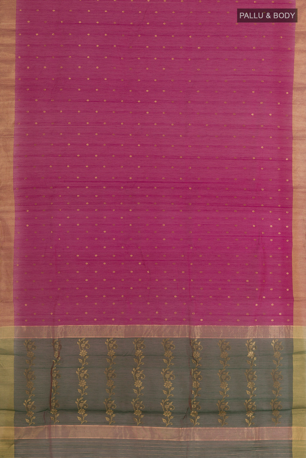 Flat view of Magenta Chanderi Cotton Saree with Zari Butta on the body and Zari Border. 