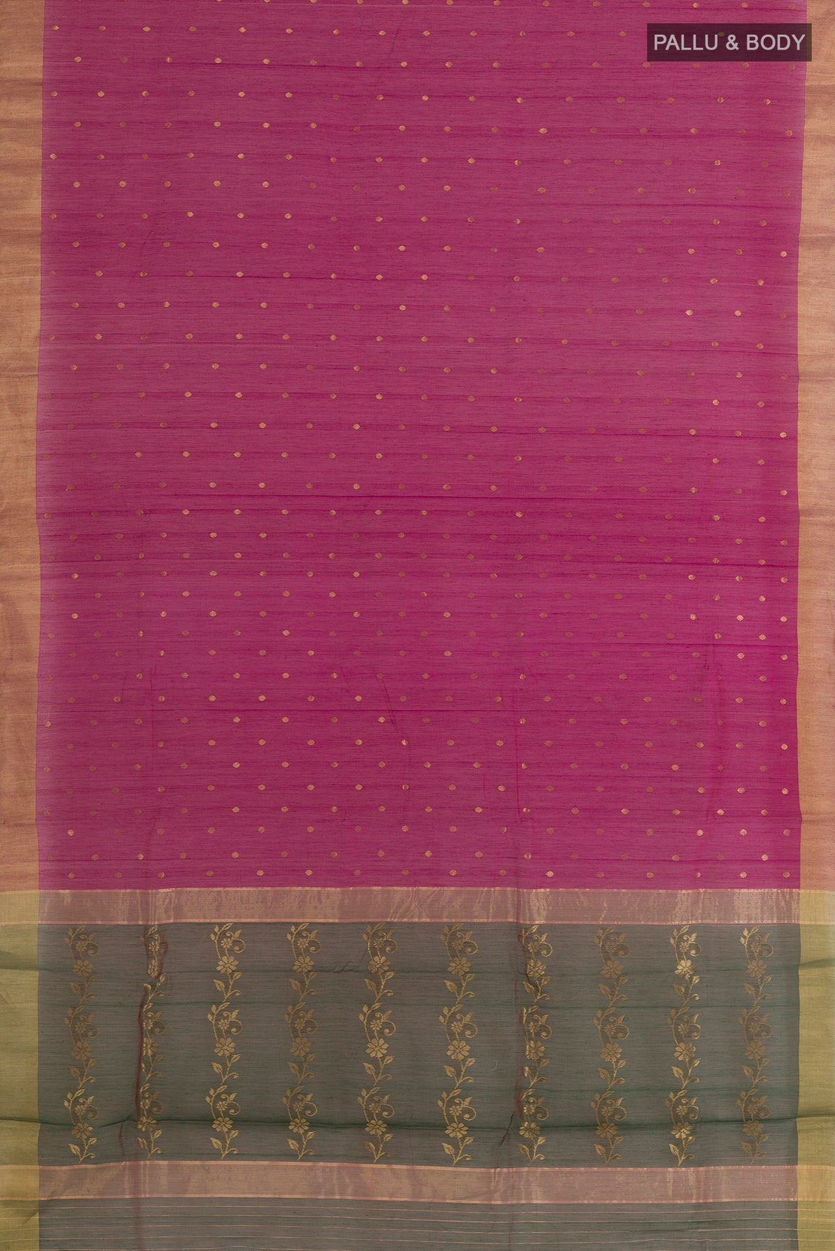 Flat view of Magenta Chanderi Cotton Saree with Zari Butta on the body and Zari Border. 