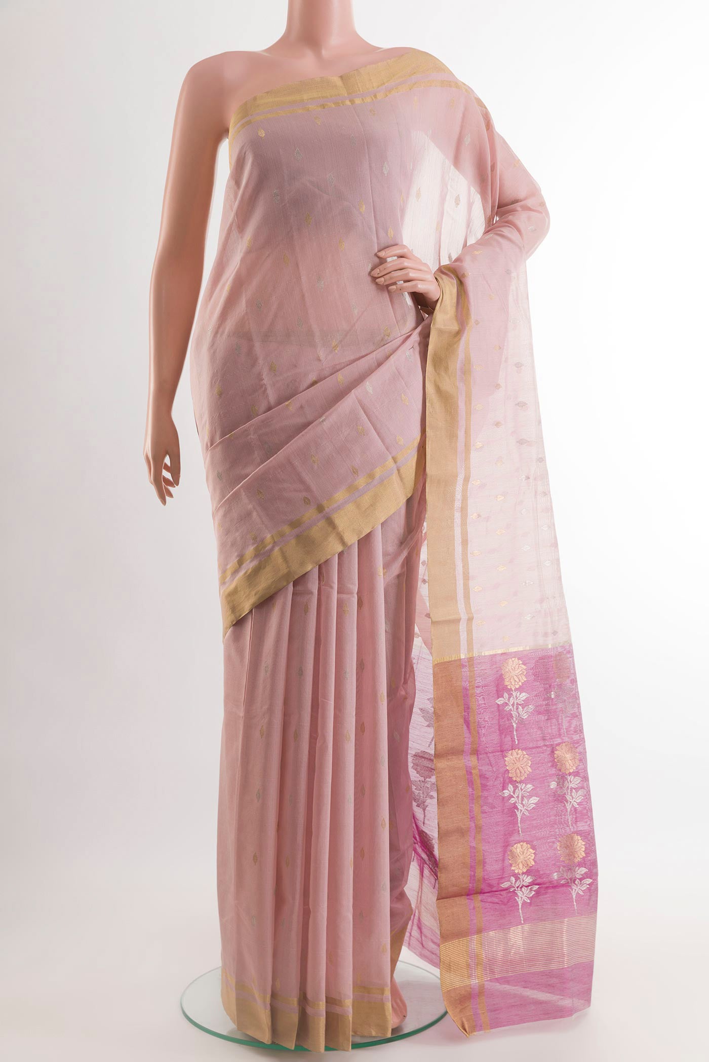 Rose pink Blended Chanderi Silk Cotton Saree with Zari Butta on the body and Zari Border.  displayed on a mannequin