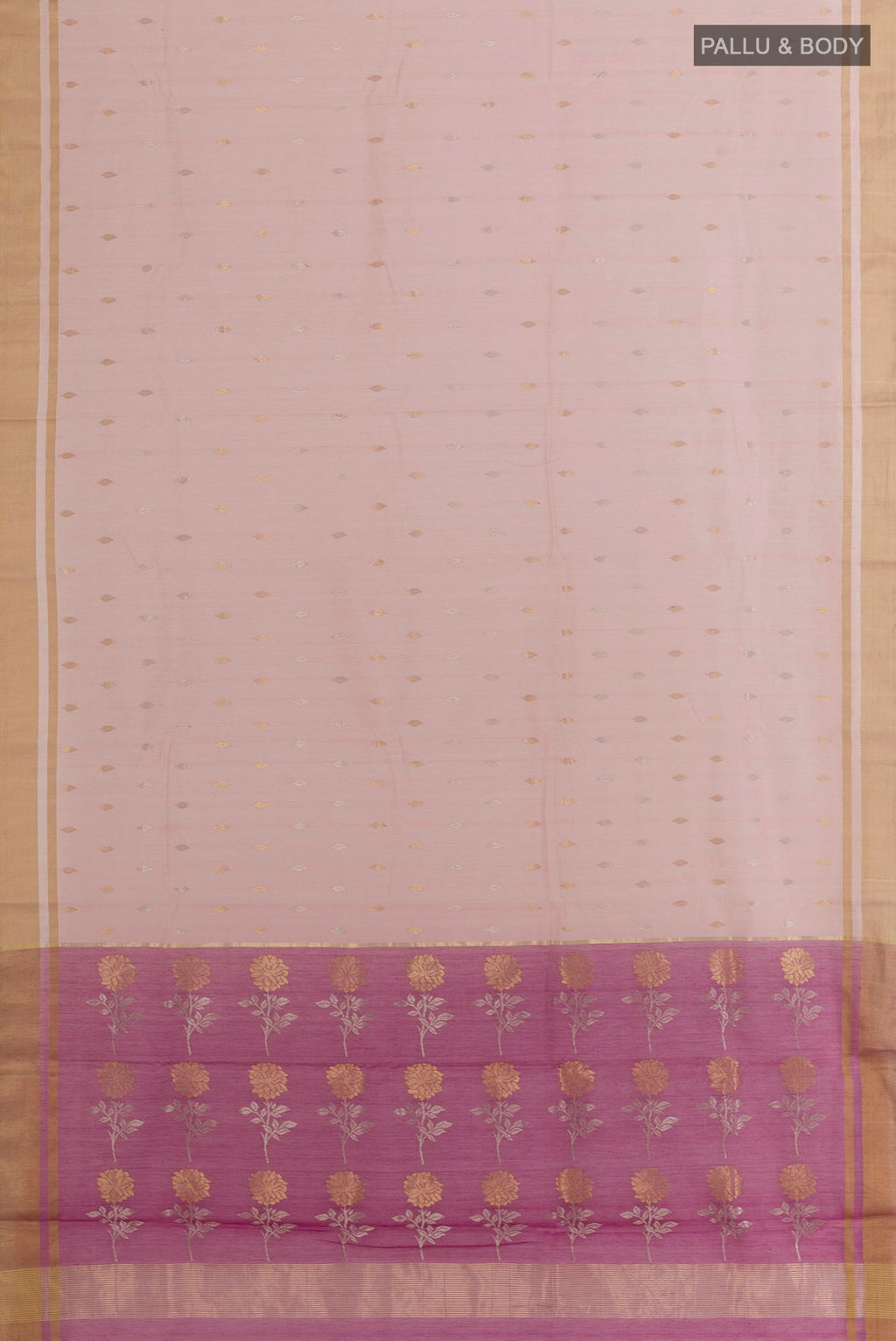 Flat view of Rose pink Blended Chanderi Silk Cotton Saree with Zari Butta on the body and Zari Border. 