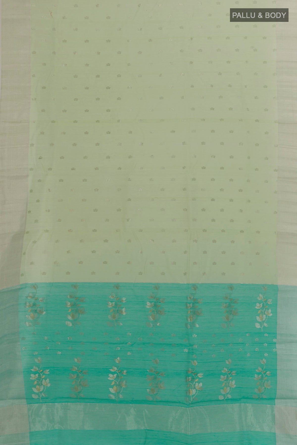 Flat view of Mint Green Blended Chanderi Silk Cotton Saree with Zari Butta on the body and Zari Border. 