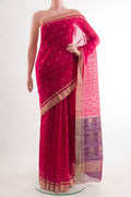 Red Blended Chanderi Silk Cotton Saree with Zari Butta on the body and Zari Border.  displayed on a mannequin