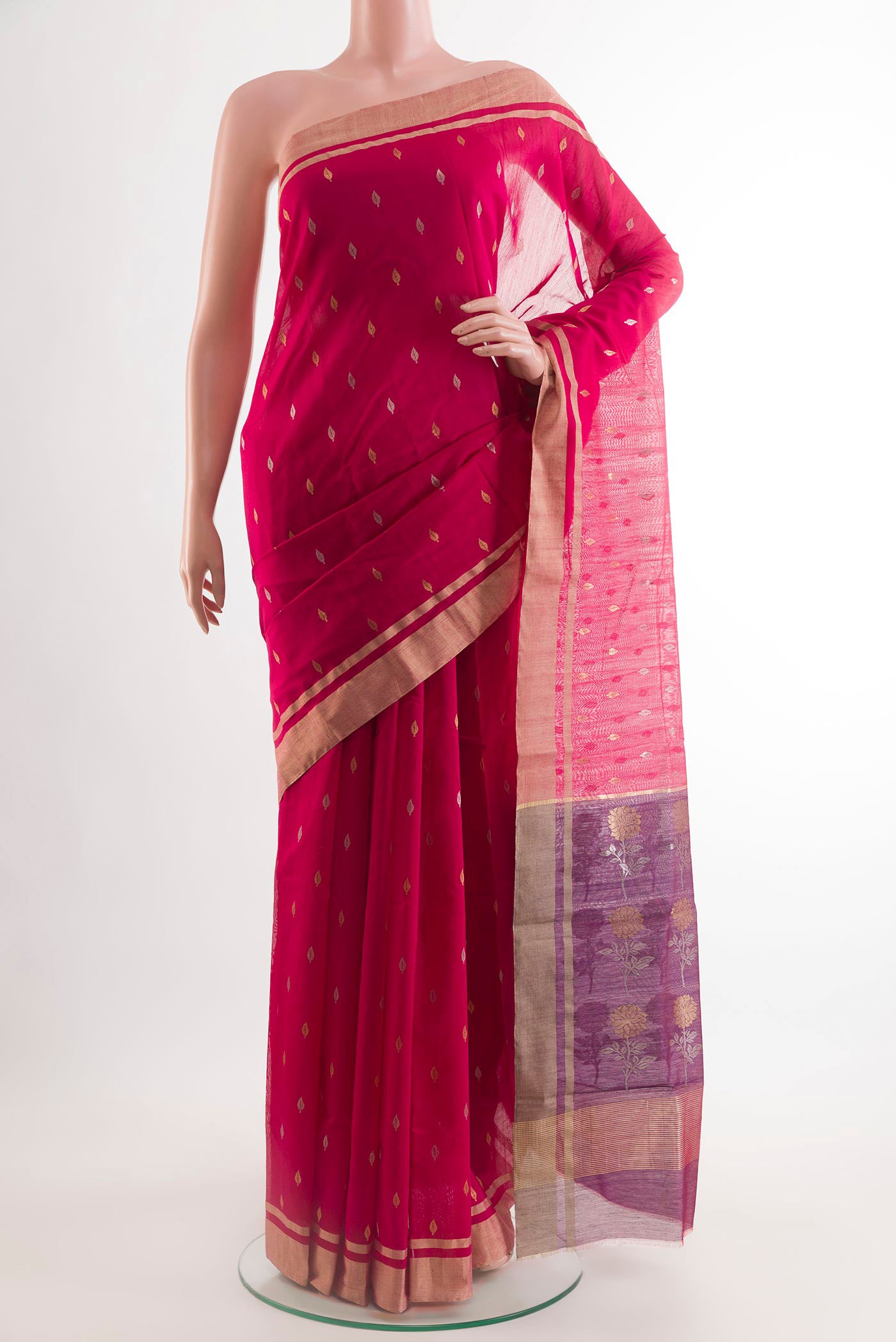 Red Blended Chanderi Silk Cotton Saree with Zari Butta on the body and Zari Border.  displayed on a mannequin