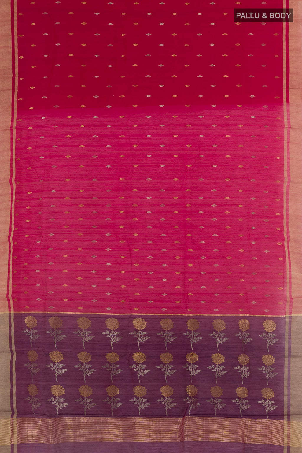 Flat view of Red Blended Chanderi Silk Cotton Saree with Zari Butta on the body and Zari Border. 