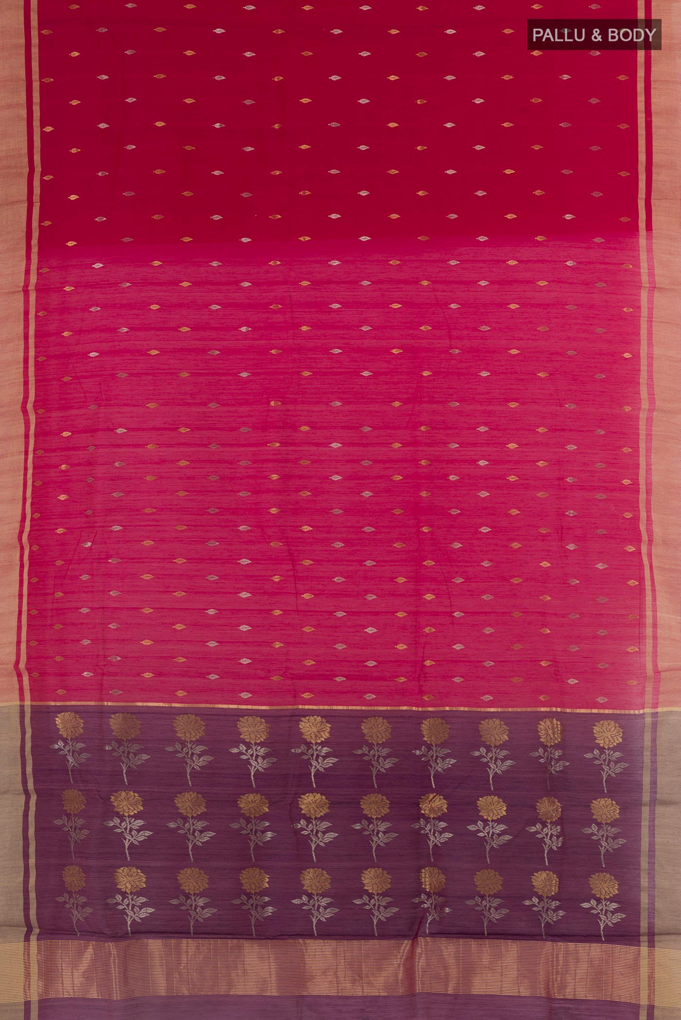 Flat view of Red Blended Chanderi Silk Cotton Saree with Zari Butta on the body and Zari Border. 