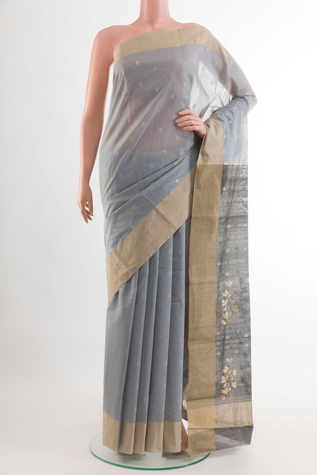 Grey Chanderi Silk Saree with Zari Butta on the body and Zari Border.  displayed on a mannequin