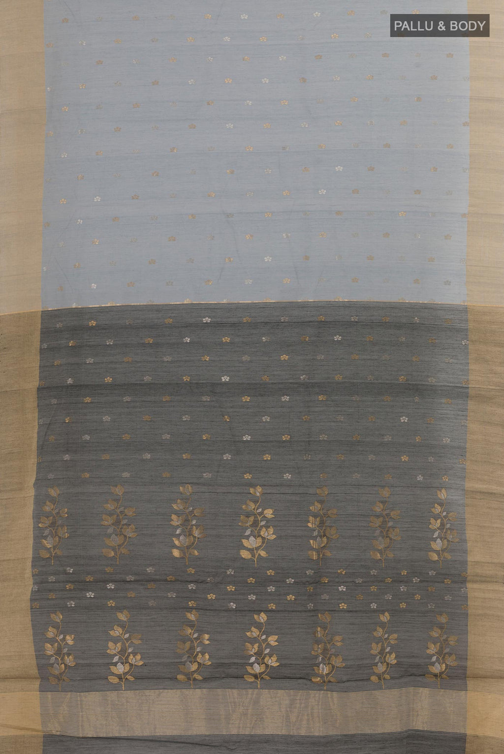 Flat view of Grey Chanderi Silk Saree with Zari Butta on the body and Zari Border. 