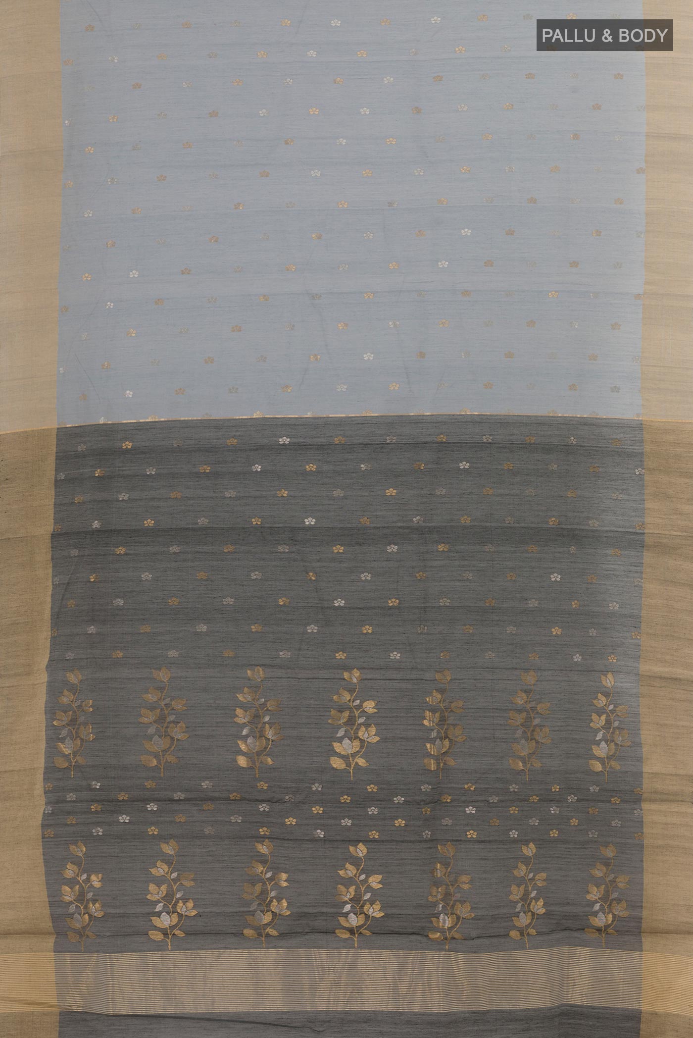 Flat view of Grey Chanderi Silk Saree with Zari Butta on the body and Zari Border. 