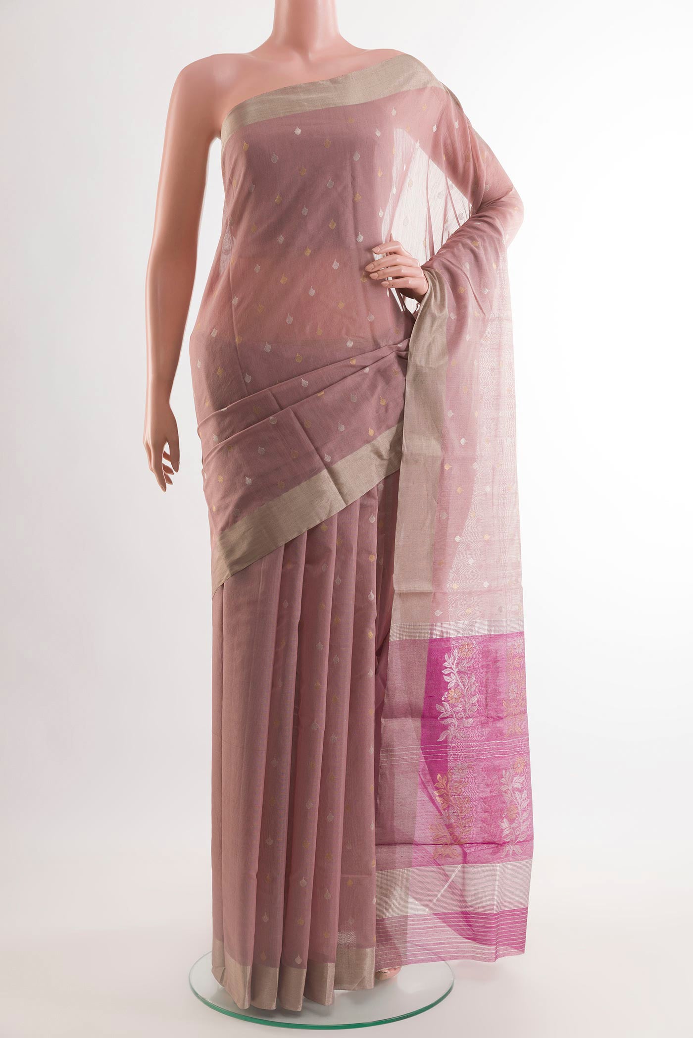 Lavender Chanderi Silk Cotton Saree with Zari Butta on the body and Zari Border.  displayed on a mannequin