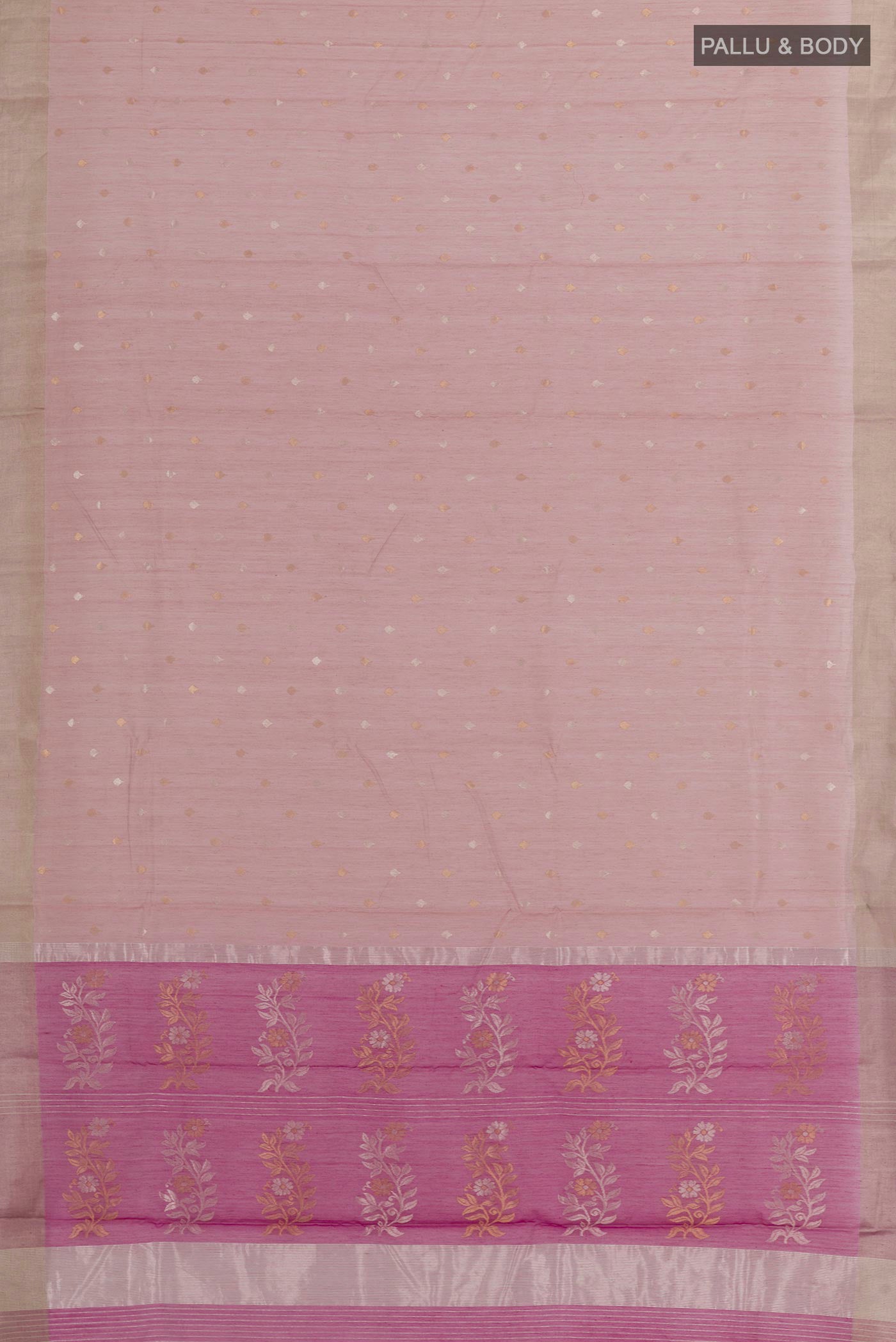 Flat view of Lavender Chanderi Silk Cotton Saree with Zari Butta on the body and Zari Border. 