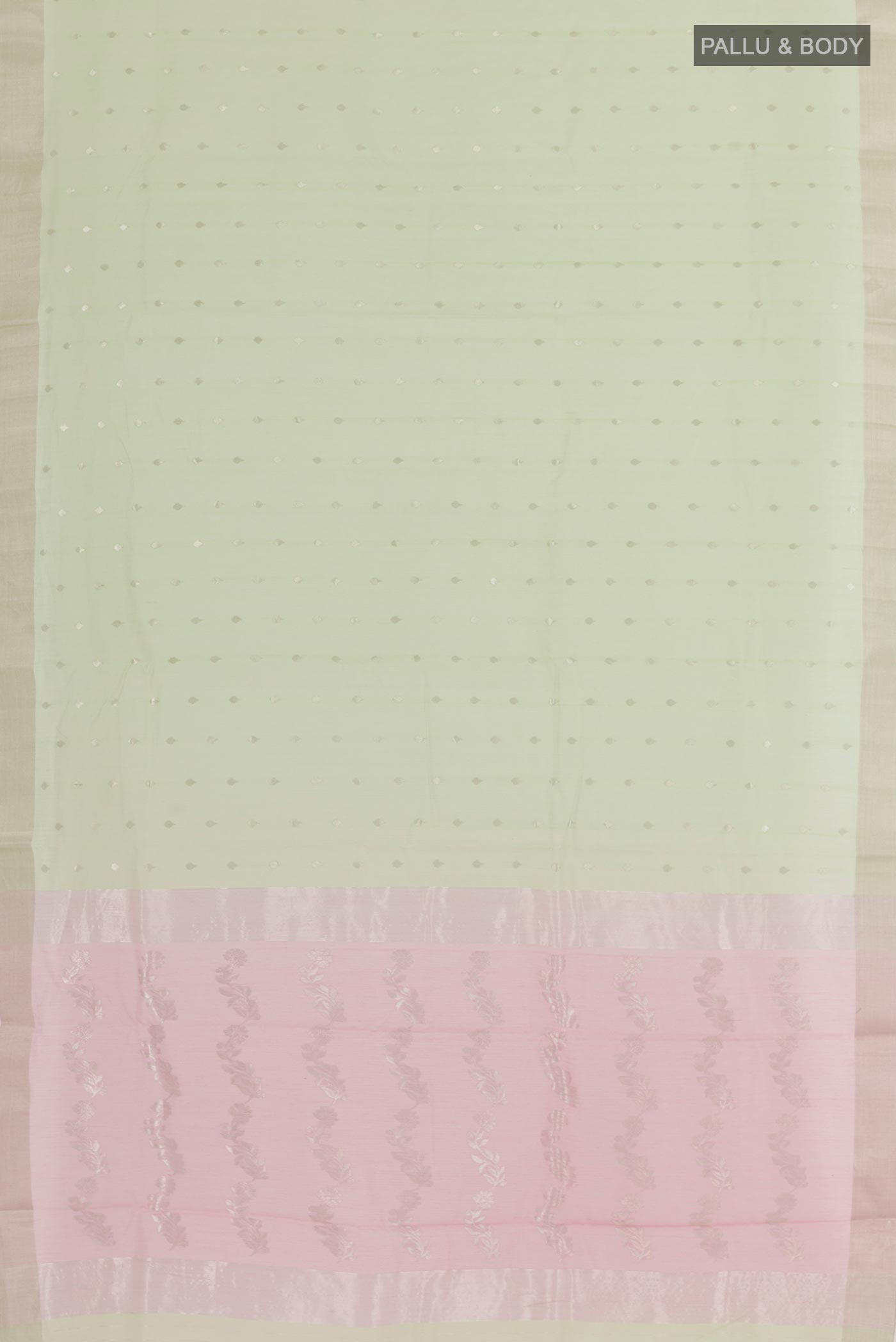 Flat view of Mint Green Chanderi Silk Saree with Zari Butta on the body and Zari Border. 