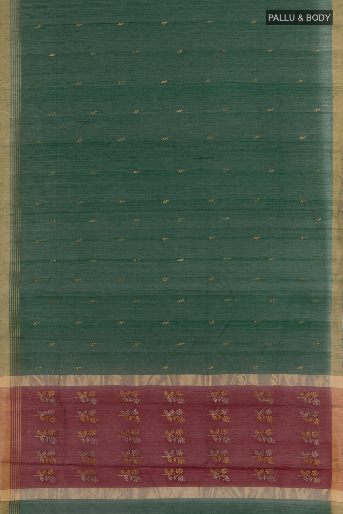 Flat view of Bottle Green Blended Chanderi Silk Cotton Saree with Zari Butta on the body and Zari Border. 
