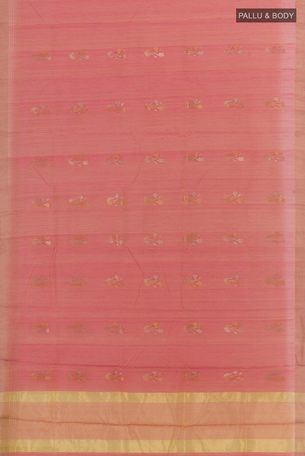 Flat view of Peach Blended Chanderi Silk Cotton Saree with Zari Butta on the body and Zari Border. 